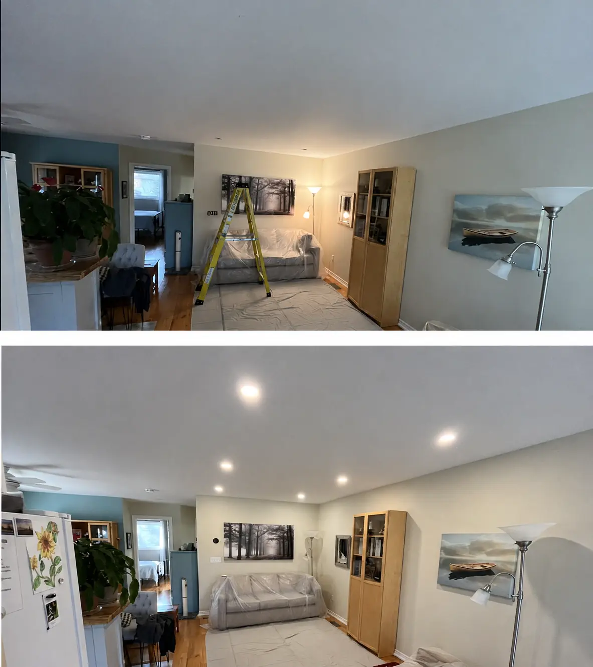 Complete before and after recessed lighting installation collage
