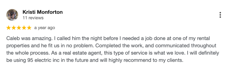 Five star Google review by Kristi Monforton praising fast scheduling, dependable work and communication for a rental property