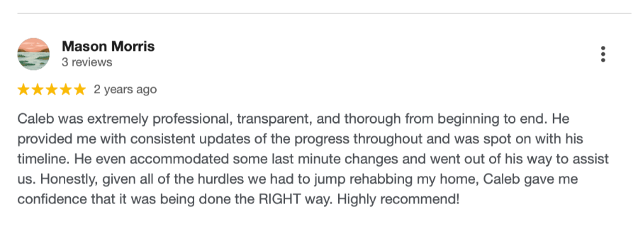Five star Google review by Mason Morris praising professional, transparent and thorough electrical service