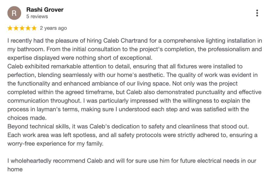 Five star Google review by Rashi Grover praising a professional bathroom lighting installation and clear communication