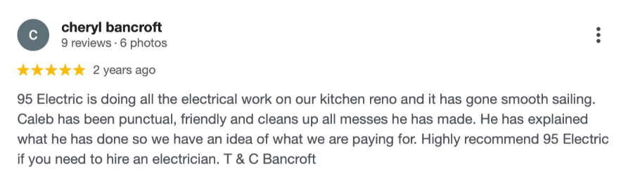 Five star Google review by Cheryl Bancroft praising punctuality, friendly service, clear explanations and clean work during a kitchen renovation