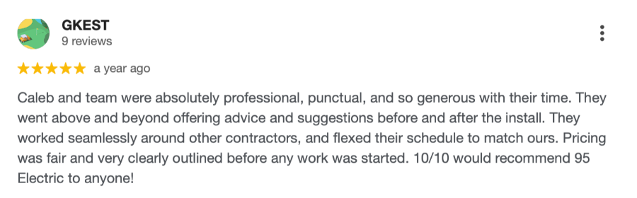 Five star Google review by GKEST praising the team for professionalism, punctuality, flexibility and fair pricing